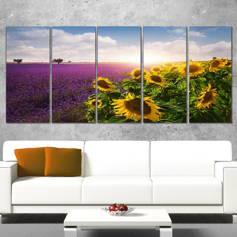Designart "Lavender and Sunflower Fields" Floral Canvas Artwork Print - Purple