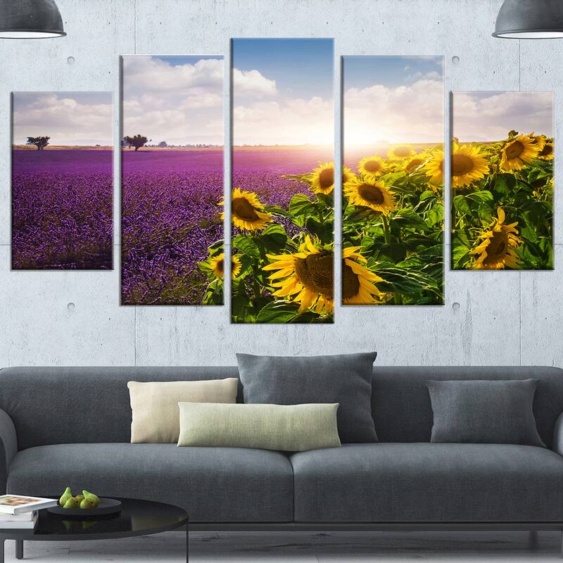 Designart "Lavender and Sunflower Fields" Floral Canvas Artwork Print - Purple