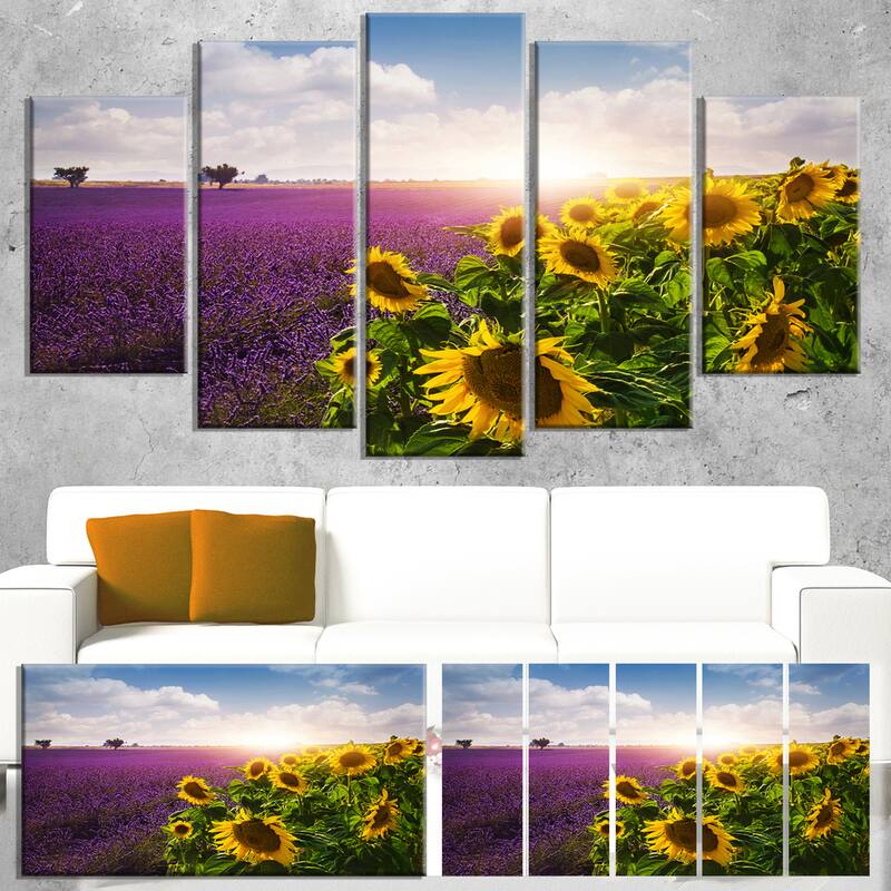 Designart "Lavender and Sunflower Fields" Floral Canvas Artwork Print - Purple