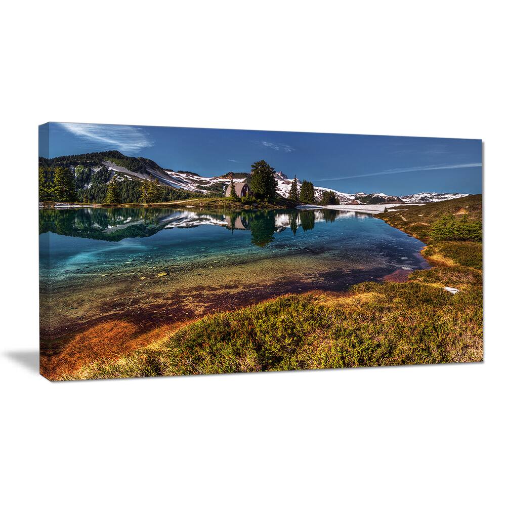 Designart "Curving Mountain Lake Shore" Extra Large Landscape Art