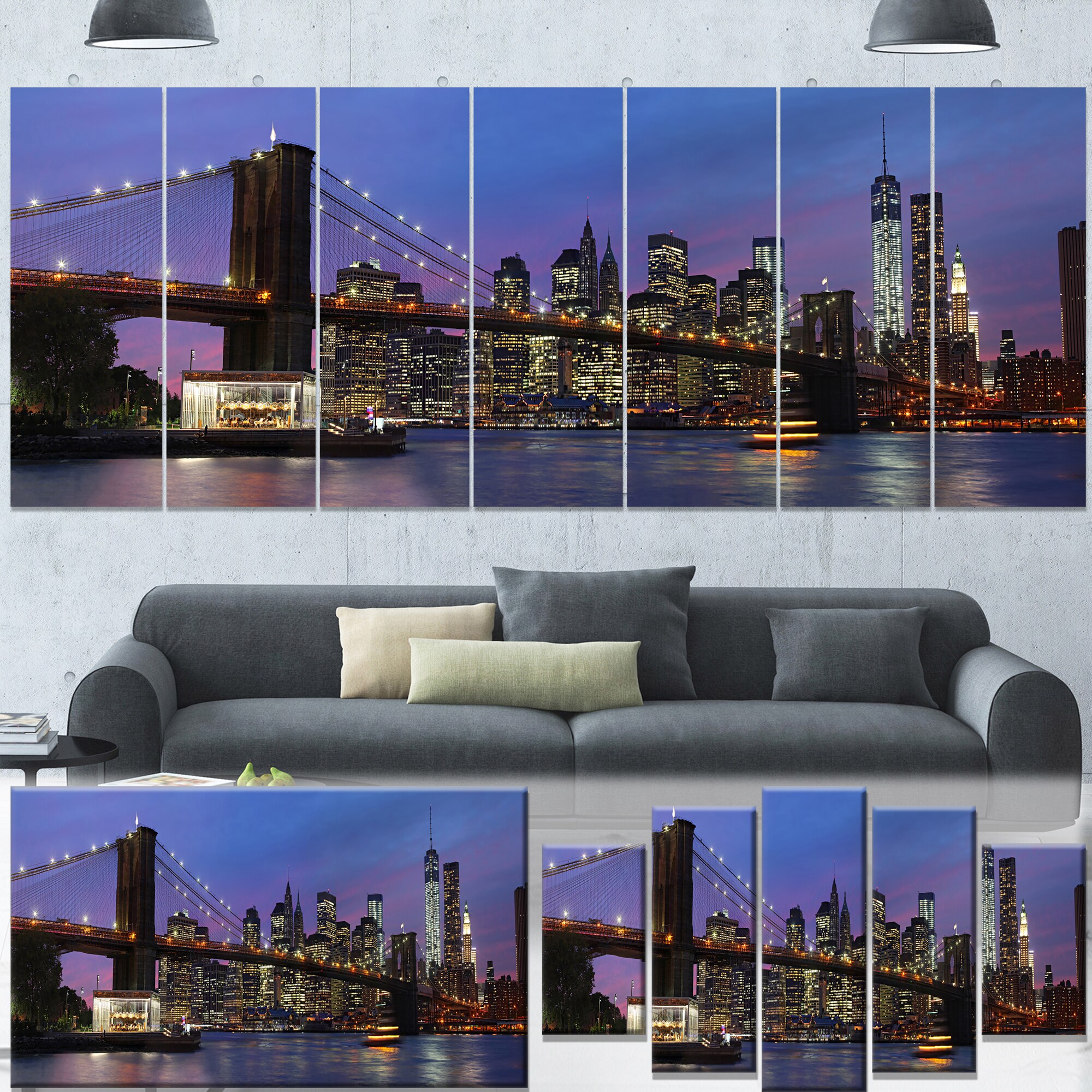 Shop Designart Brooklyn Bridge And Manhattan At Sunset Extra Large Cityscape Wall Art On Canvas Purple Overstock 13285694