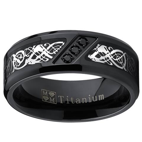 Mens Dragon Black Titanium Carbon Fiber Ring CZ Wedding Band