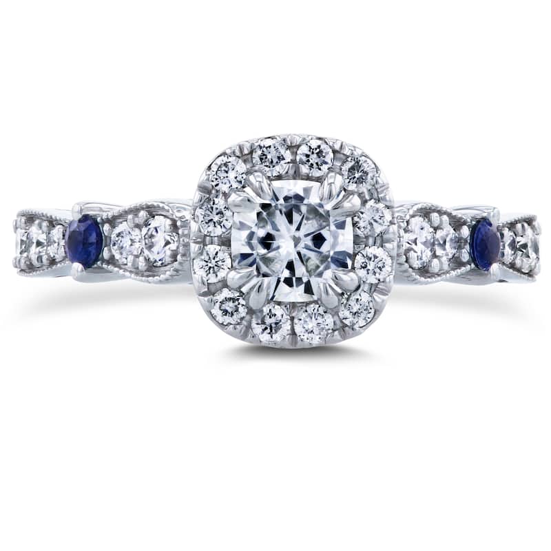 Annello by Kobelli 14k White Gold 1ct TGW Moissanite with Sapphire and Diamond Antique Engagement Ring (GH, I1-I2)