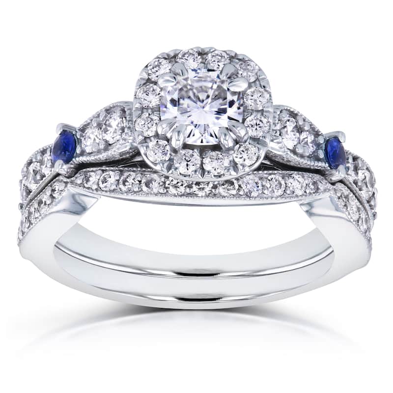 Annello by Kobelli 14k White Gold 1 1/6ct TGW Moissanite with Sapphire and Diamond Antique 2 Ring Bridal Set (GH, I1-I2)