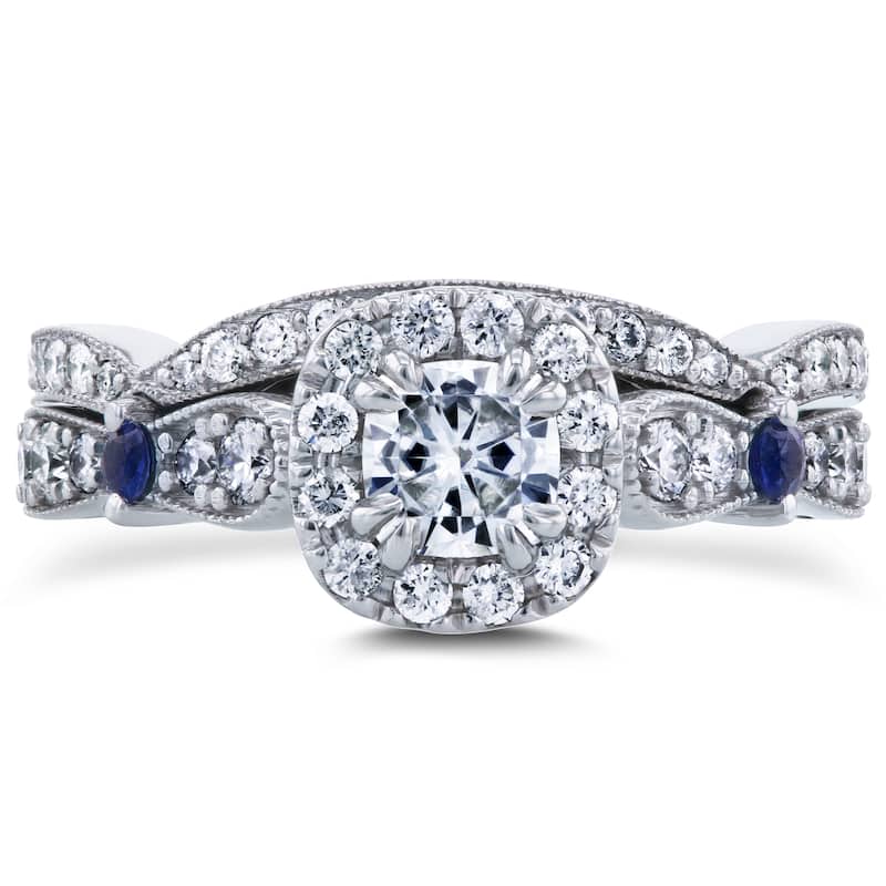 Annello by Kobelli 14k White Gold 1 1/6ct TGW Moissanite with Sapphire and Diamond Antique 2 Ring Bridal Set (GH, I1-I2)