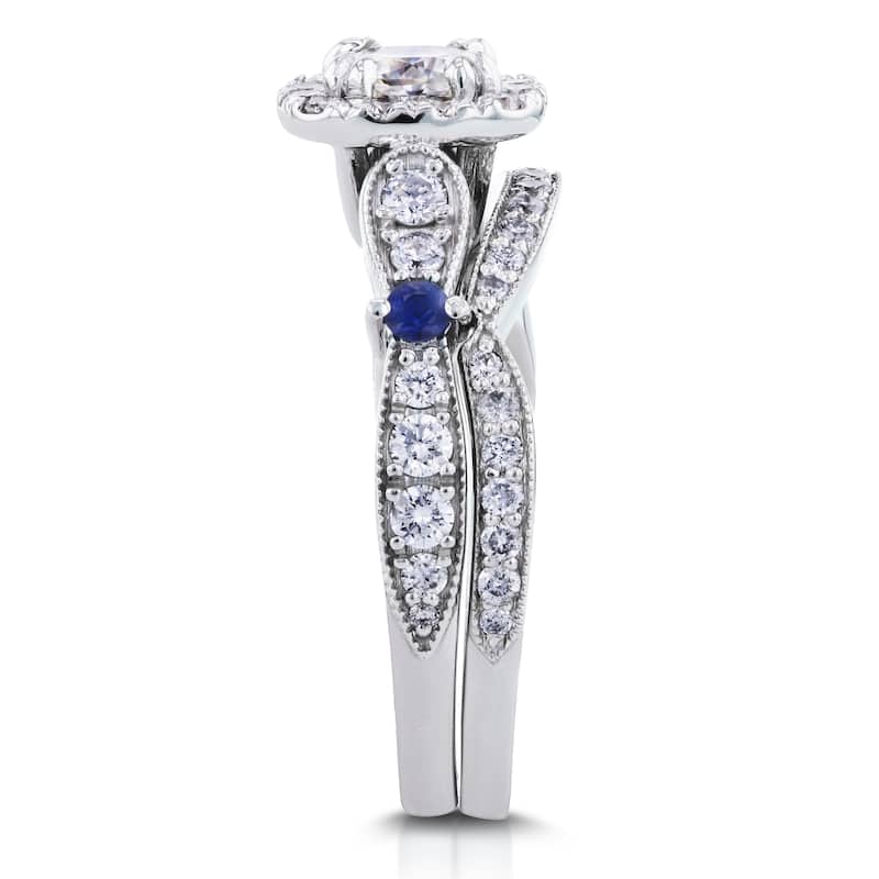 Annello by Kobelli 14k White Gold 1 1/6ct TGW Moissanite with Sapphire and Diamond Antique 2 Ring Bridal Set (GH, I1-I2)
