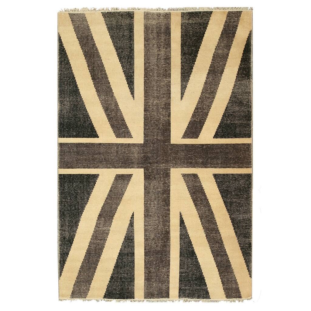 Hand-knotted Wool Black Casual Flag Union Jack British Flag Rug - 6' x 9'