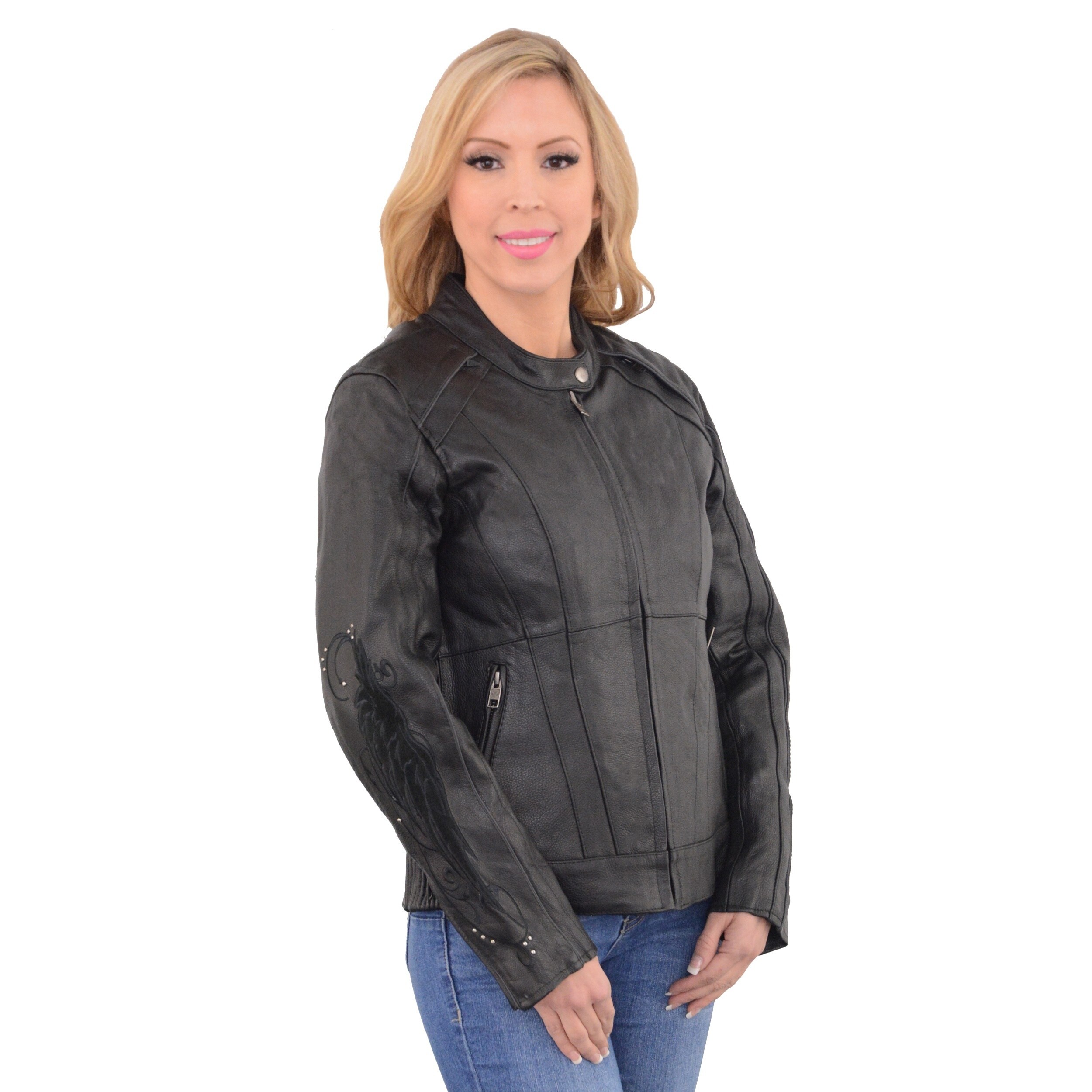 Details about / Women/'s Leather Motorcycle Stud and Wings Jacket
