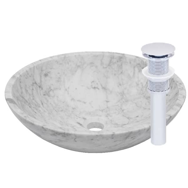 Novatto Carrera White Marble Vessel Sink and Chrome Umbrella Drain