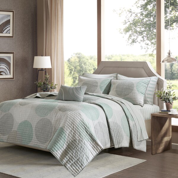 Madison Park Essentials Saben Complete Reversible Coverlet and Cotton Sheet Set Twin Aqua