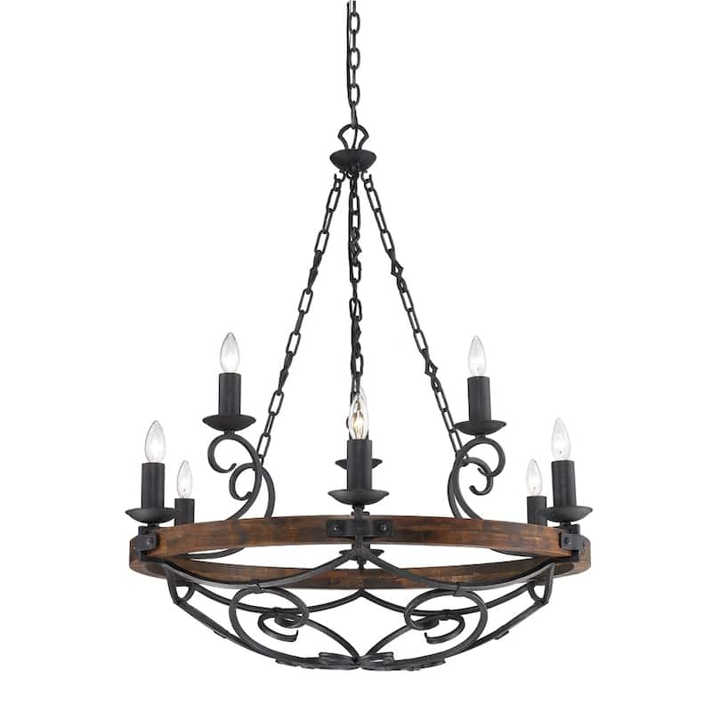Madera 9-Light 2-Tier Chandelier with Wood and Black Iron Finish - 34.5" W x 41" H