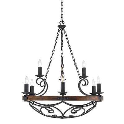 Madera 9-Light 2-Tier Chandelier with Wood and Black Iron Finish - 34.5" W x 41" H