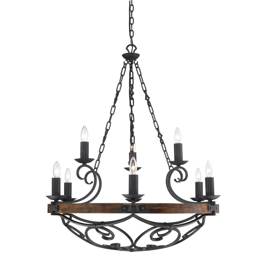 Madera 9-Light 2-Tier Chandelier with Wood and Black Iron Finish - 34.5" W x 41" H