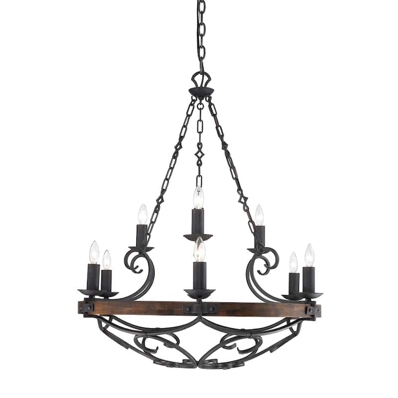 Madera 9-Light 2-Tier Chandelier with Wood and Black Iron Finish - 34.5" W x 41" H