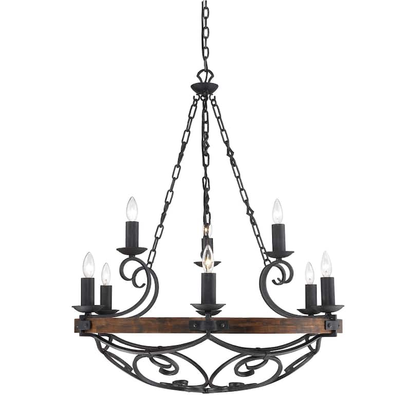 Madera 9-Light 2-Tier Chandelier with Wood and Black Iron Finish - 34.5" W x 41" H