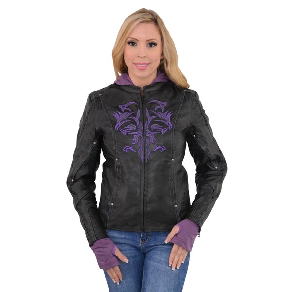 purple and black leather jacket