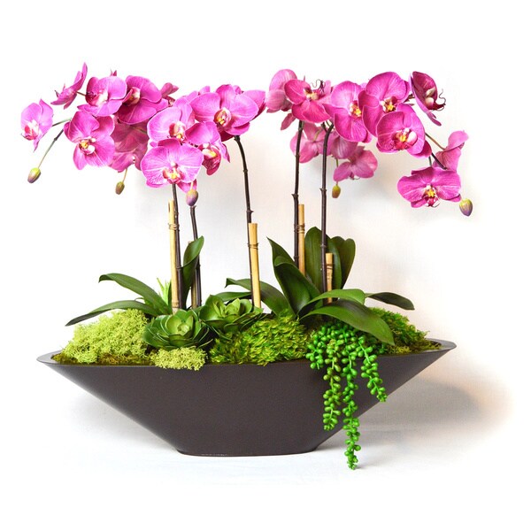 Shop Fuchsia Faux Orchids in Large Metal Boat, FU Brown Free