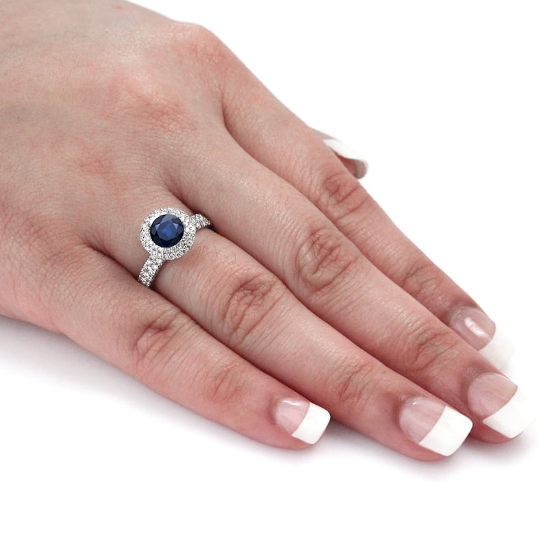 Auriya Platinum 3/4ct Blue Sapphire and 1ct TDW Round Cut Halo Diamond Engagement Ring