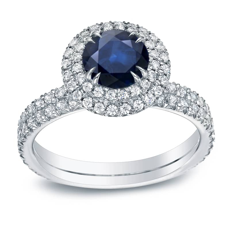 Auriya Platinum 3/4ct Blue Sapphire and 1ct TDW Round Cut Halo Diamond Engagement Ring