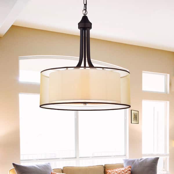 slide 1 of 1, Copper Grove Shoshone Antique Bronze/ Off-white Fabric Drum Chandelier