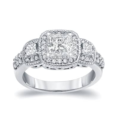 Auriya 1 1/2 carat TW 3-Stone Princess-Cut Halo Diamond Engagement Ring Platinum