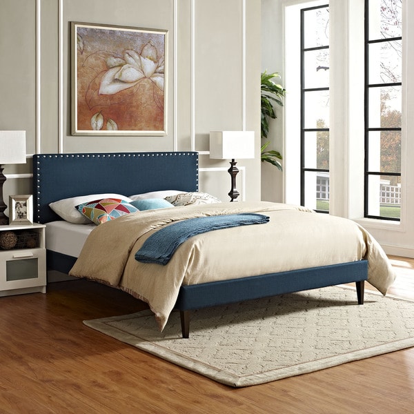 Phoebe Fabric Platform Bed with Squared Tapered Legs in Azure