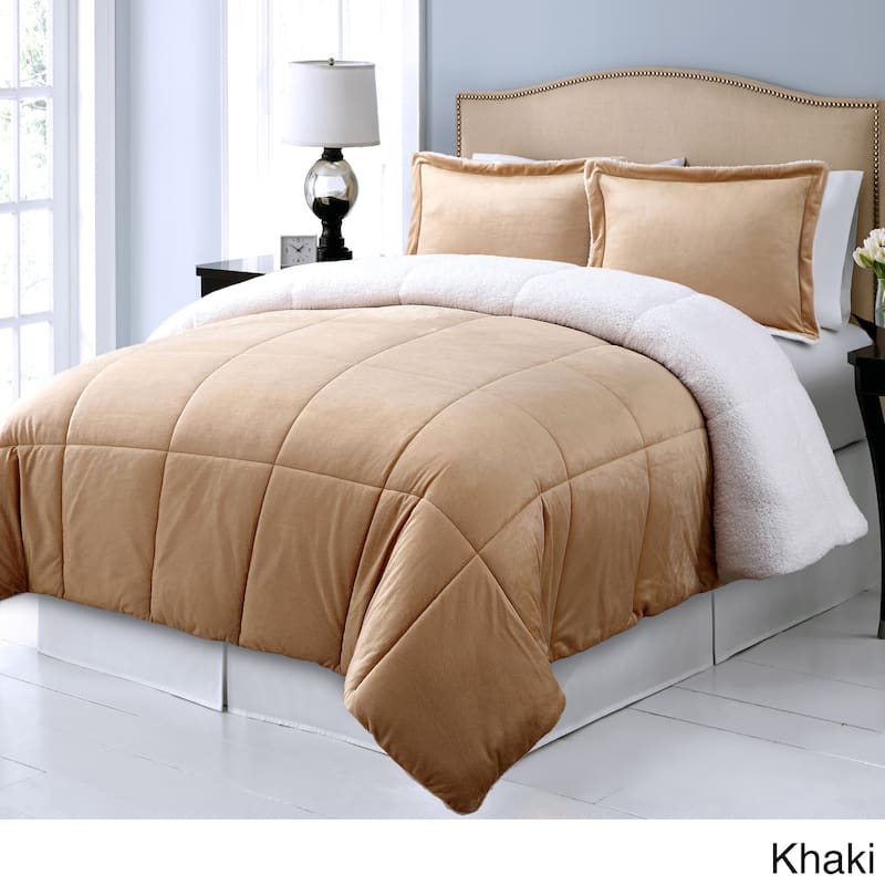 Microplush Reversible To Micromink Down Alternative 3-piece Comforter Set - Queen - Khaki