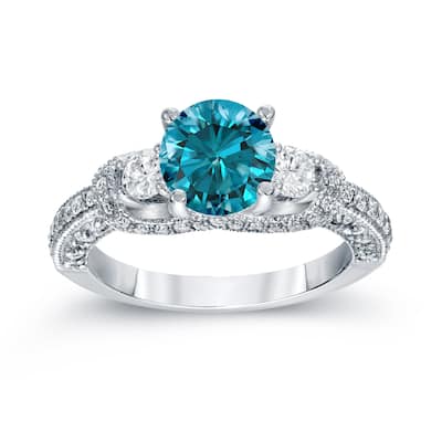 Auriya Vintage 2ctw Round 3 Stone Blue Diamond Engagement Ring Platinum