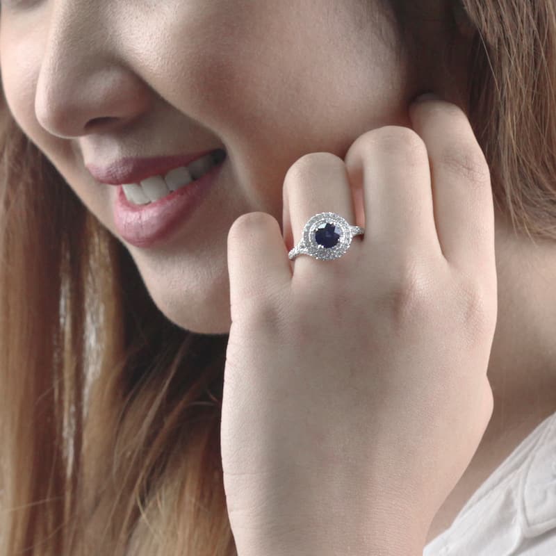 Auriya Platinum 1ct Blue Sapphire and 3/5ct TDW Halo Diamond Engagement Ring (H-I, SI1-SI2)