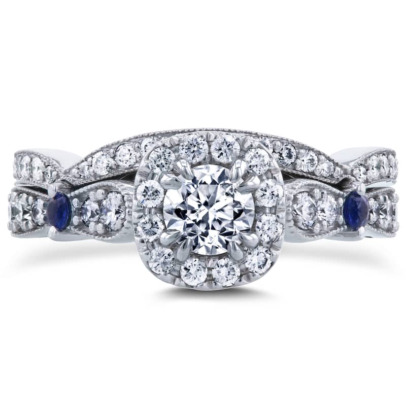Annello by Kobelli 14k White Gold Sapphire and 1 1/10ct TDW Diamond Antique 2 Ring Bridal Set