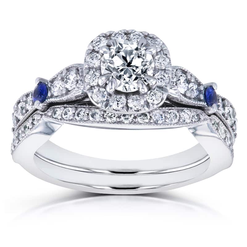 Annello by Kobelli 14k White Gold Sapphire and 1 1/10ct TDW Diamond Antique 2 Ring Bridal Set