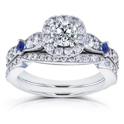 Annello by Kobelli 14k White Gold Sapphire and 1 1/10ct TDW Diamond Antique 2 Ring Bridal Set