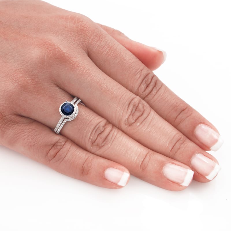 Auriya Platinum 3/5ct Blue Sapphire and 2/5ct TDW Round Halo Diamond Engagement Ring Set