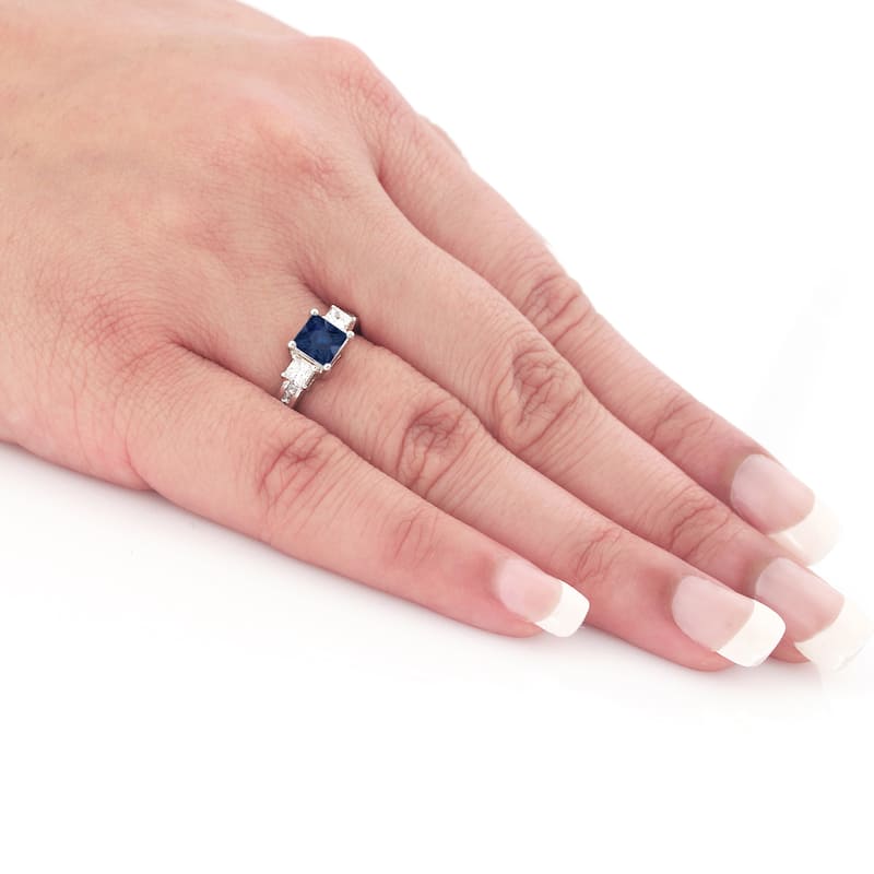 Auriya 3/4ct Princess Cut Blue Sapphire and 3/4ctw 3 Stone Diamond Engagement Ring Platinum