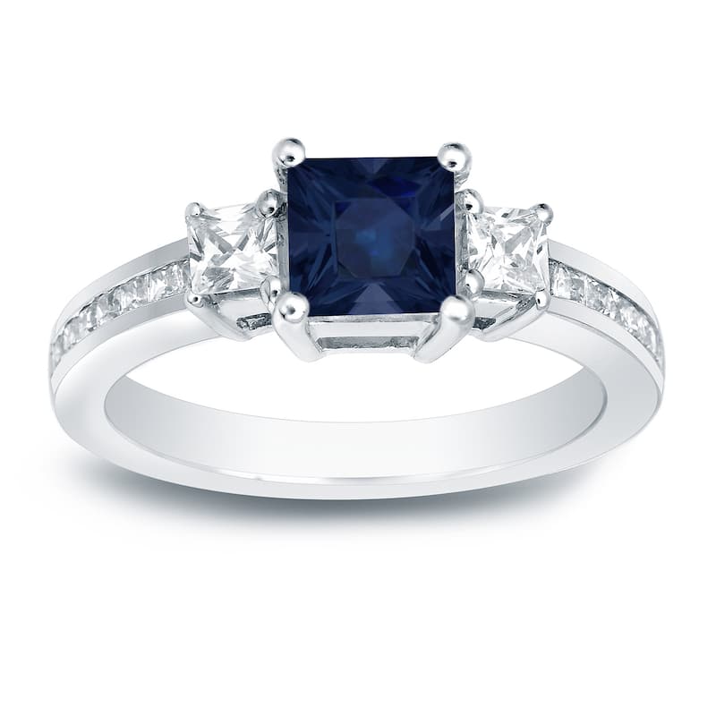 Auriya 3/4ct Princess Cut Blue Sapphire and 3/4ctw 3 Stone Diamond Engagement Ring Platinum