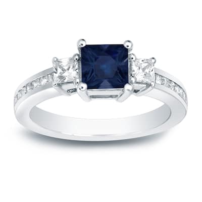 Auriya 3/4ct Princess Cut Blue Sapphire and 3/4ctw 3 Stone Diamond Engagement Ring Platinum