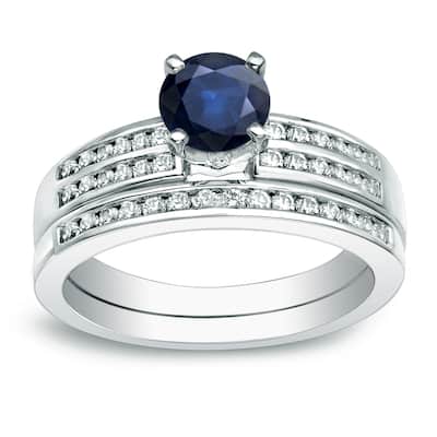 Auriya Platinum 3/5ct Round Blue Sapphire and 2/5ct TDW Diamond Engagement Ring Set