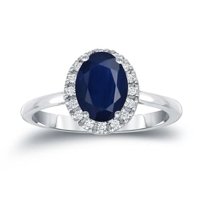 14k Gold 1 1/2ct Sapphire Oval and 1/8ct TDW Diamond Halo Engagement Ring (H-I, SI1-SI2)
