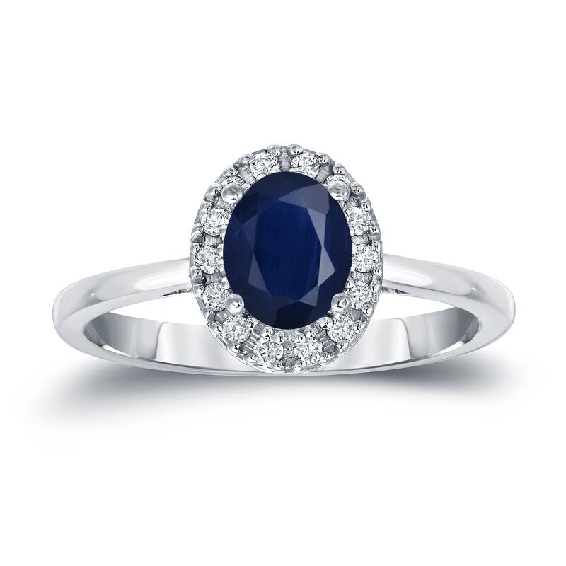 Auriya 14k Gold 1ct Oval Cut Blue Sapphire and 1/8ct TDW Diamond Halo Engagement Ring (H-I, SI1-SI2)
