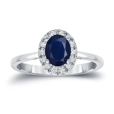 Auriya 14k Gold 1ct Oval Cut Blue Sapphire and 1/8ct TDW Diamond Halo Engagement Ring (H-I, SI1-SI2)