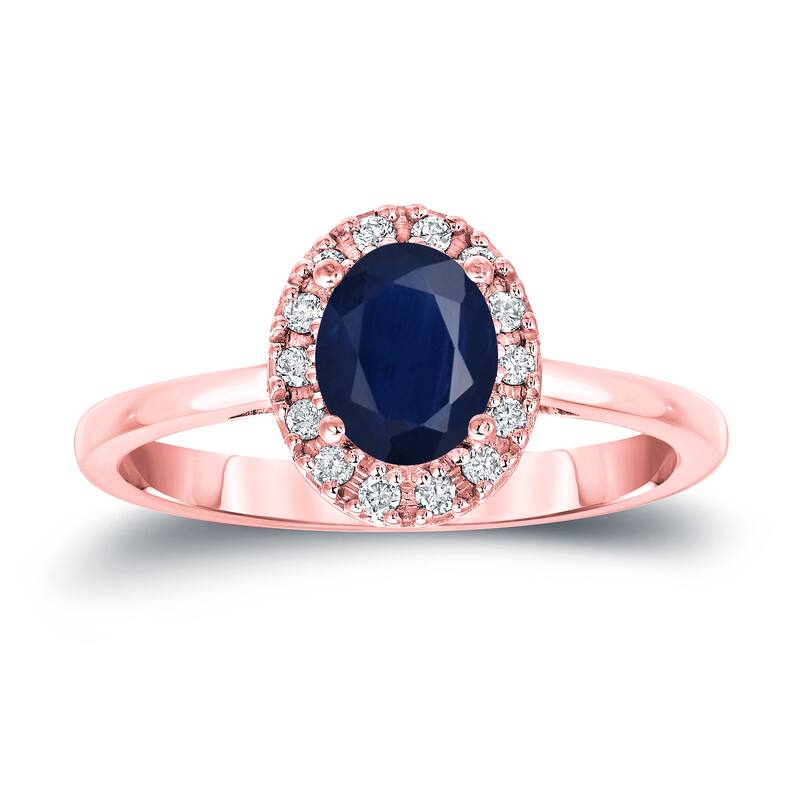 Auriya 14k Gold 1ct Oval Cut Blue Sapphire and 1/8ct TDW Diamond Halo Engagement Ring (H-I, SI1-SI2)