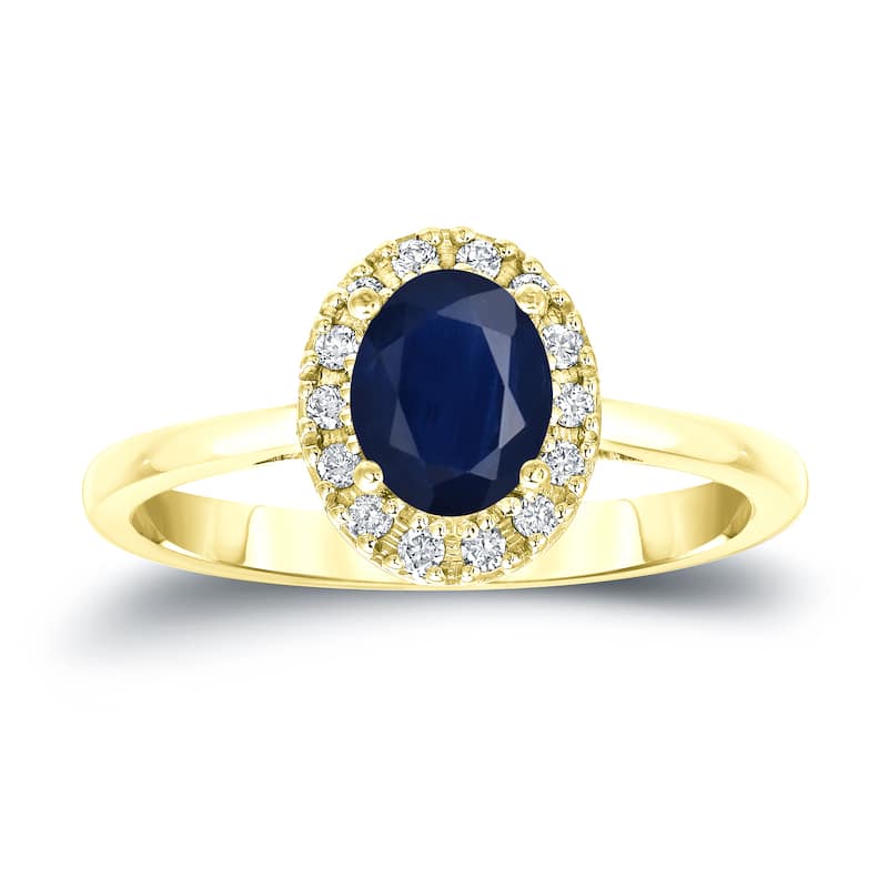 Auriya 14k Gold 1ct Oval Cut Blue Sapphire and 1/8ct TDW Diamond Halo Engagement Ring (H-I, SI1-SI2)