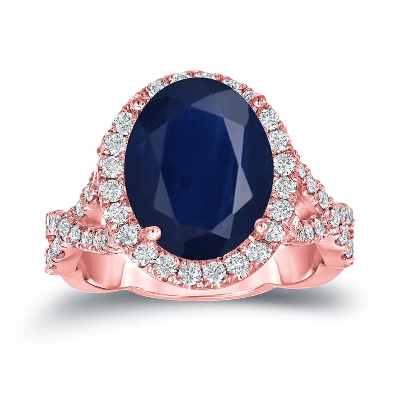 14k Gold 5ct Sapphire Oval and 3/4ct TDW Diamond Halo Engagement Ring (H-I, SI1-SI2)