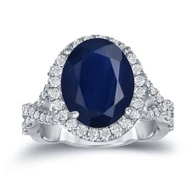 14k Gold 5ct Sapphire Oval and 3/4ct TDW Diamond Halo Engagement Ring (H-I, SI1-SI2)