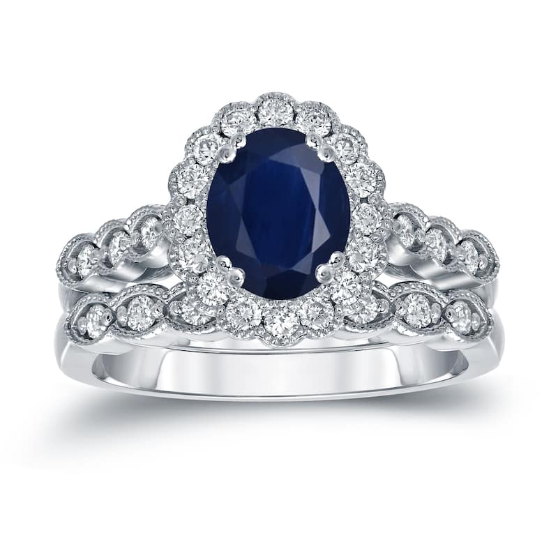 Auriya 14k Gold 1 1/2ct Oval Cut Blue Sapphire and 3/5ct TDW Diamond Halo Bridal Ring Set (H-I, SI1-SI2)