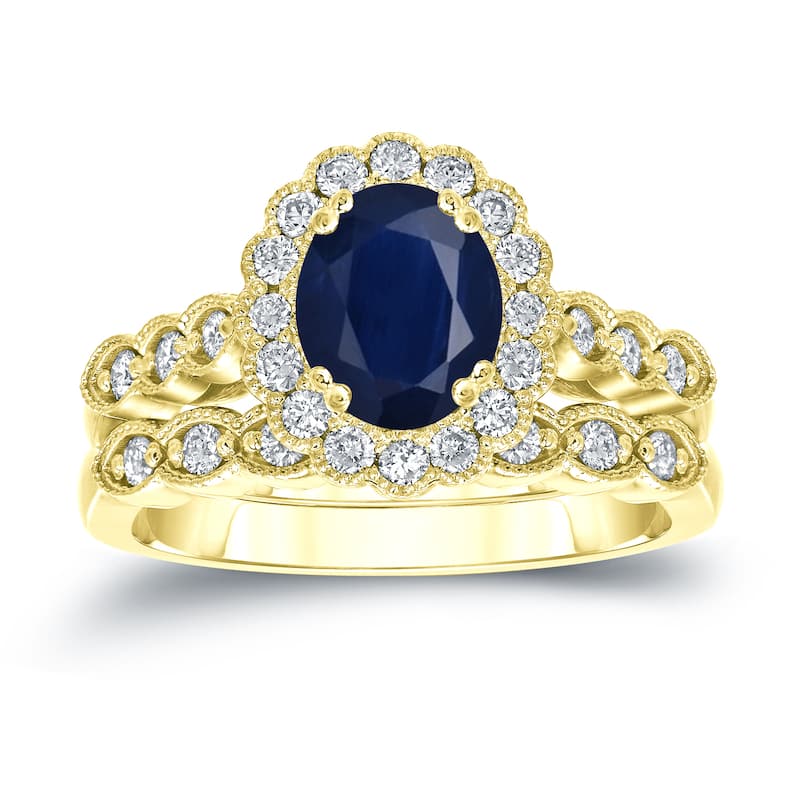 Auriya 14k Gold 1 1/2ct Oval Cut Blue Sapphire and 3/5ct TDW Diamond Halo Bridal Ring Set (H-I, SI1-SI2)