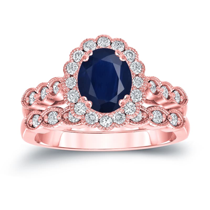 Auriya 14k Gold 1 1/2ct Oval Cut Blue Sapphire and 3/5ct TDW Diamond Halo Bridal Ring Set (H-I, SI1-SI2)