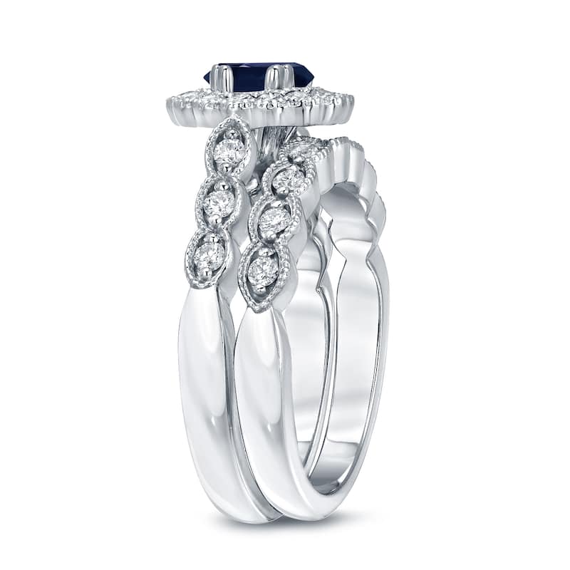 Auriya 14k Gold 1ct Oval Cut Blue Sapphire and 3/5ct TDW Diamond Halo Bridal Ring Set (H-I, SI1-SI2)