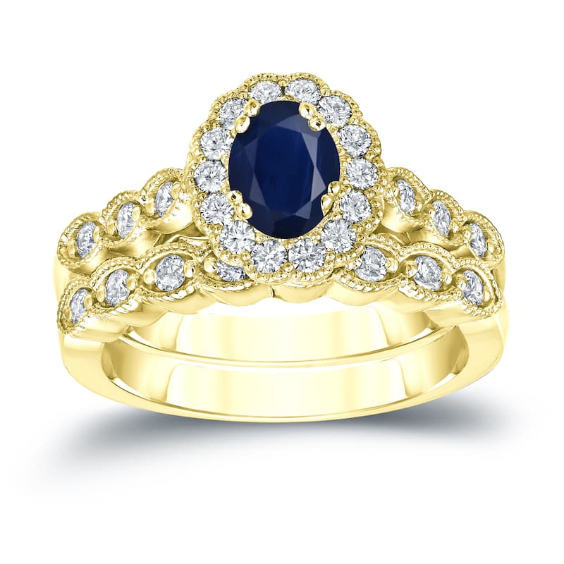 Auriya 14k Gold 1ct Oval Cut Blue Sapphire and 3/5ct TDW Diamond Halo Bridal Ring Set (H-I, SI1-SI2)