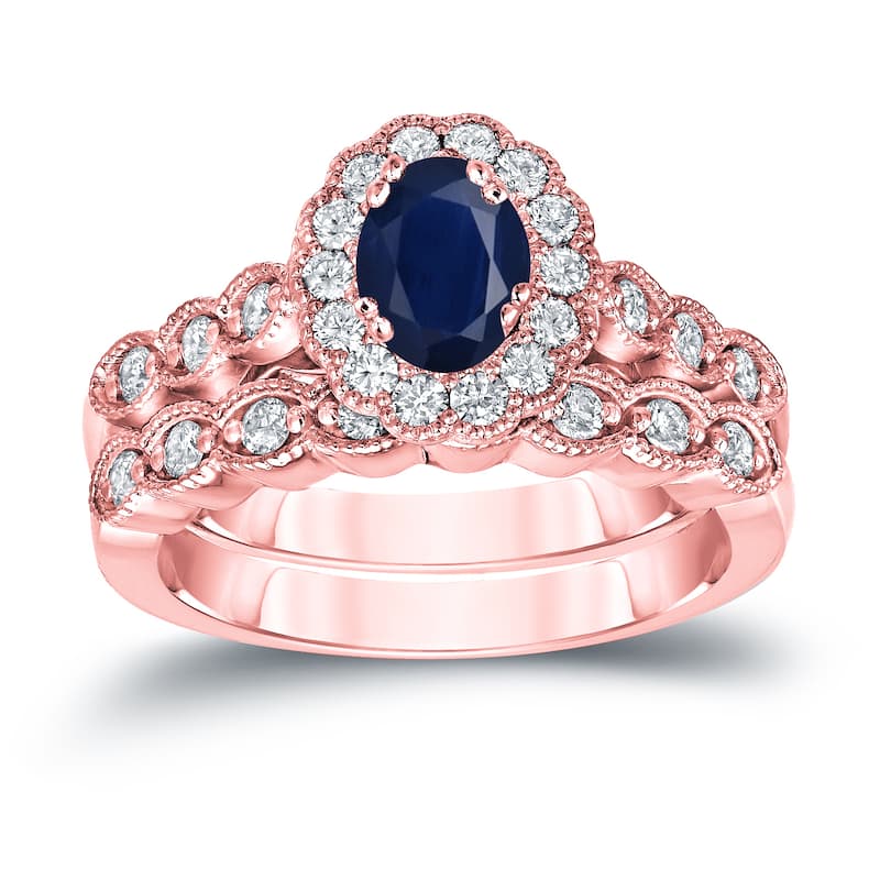 Auriya 14k Gold 1ct Oval Cut Blue Sapphire and 3/5ct TDW Diamond Halo Bridal Ring Set (H-I, SI1-SI2)